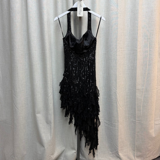 Easy Wear 100% Silk Black Asymmetrical Ruffle Dress with Black Sequins