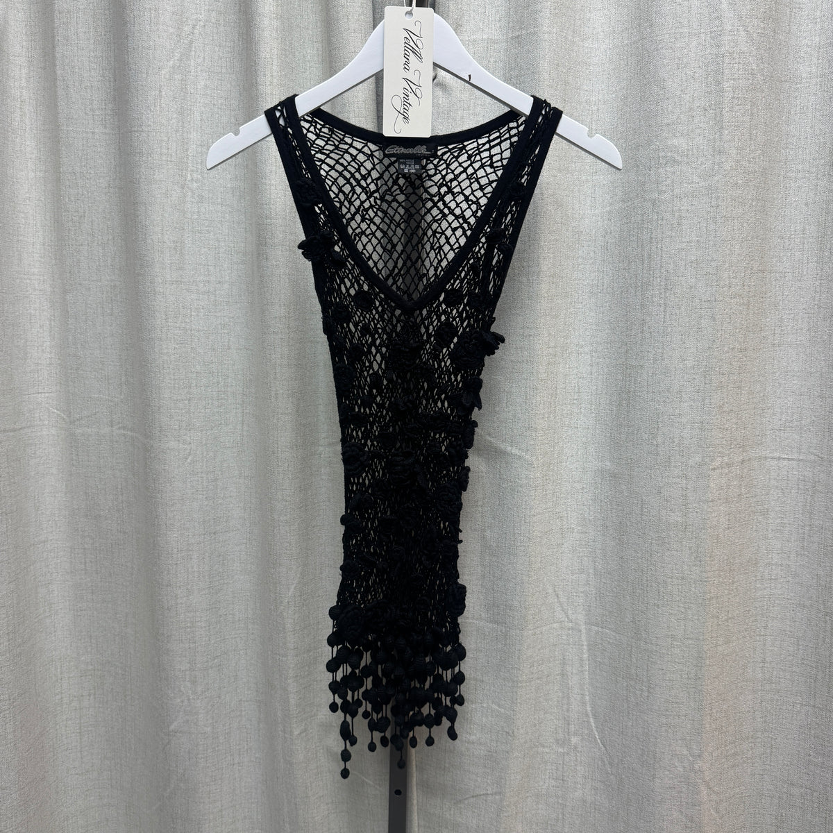 Black Crochet Tank Top w/ Floral Appliqués and Hanging Beads