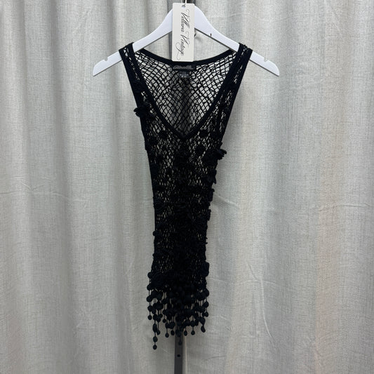 Black Crochet Tank Top w/ Floral Appliqués and Hanging Beads