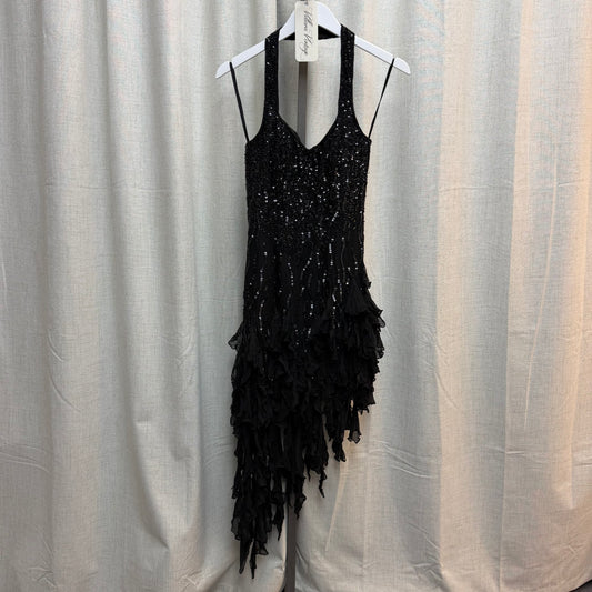 Easy Wear 100% Silk Black Asymmetrical Ruffle Dress with Black Sequins