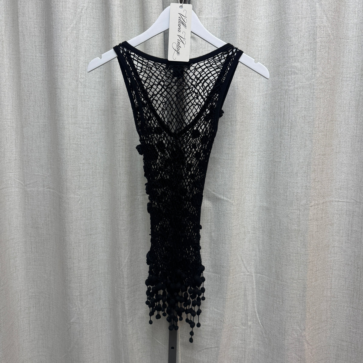 Black Crochet Tank Top w/ Floral Appliqués and Hanging Beads
