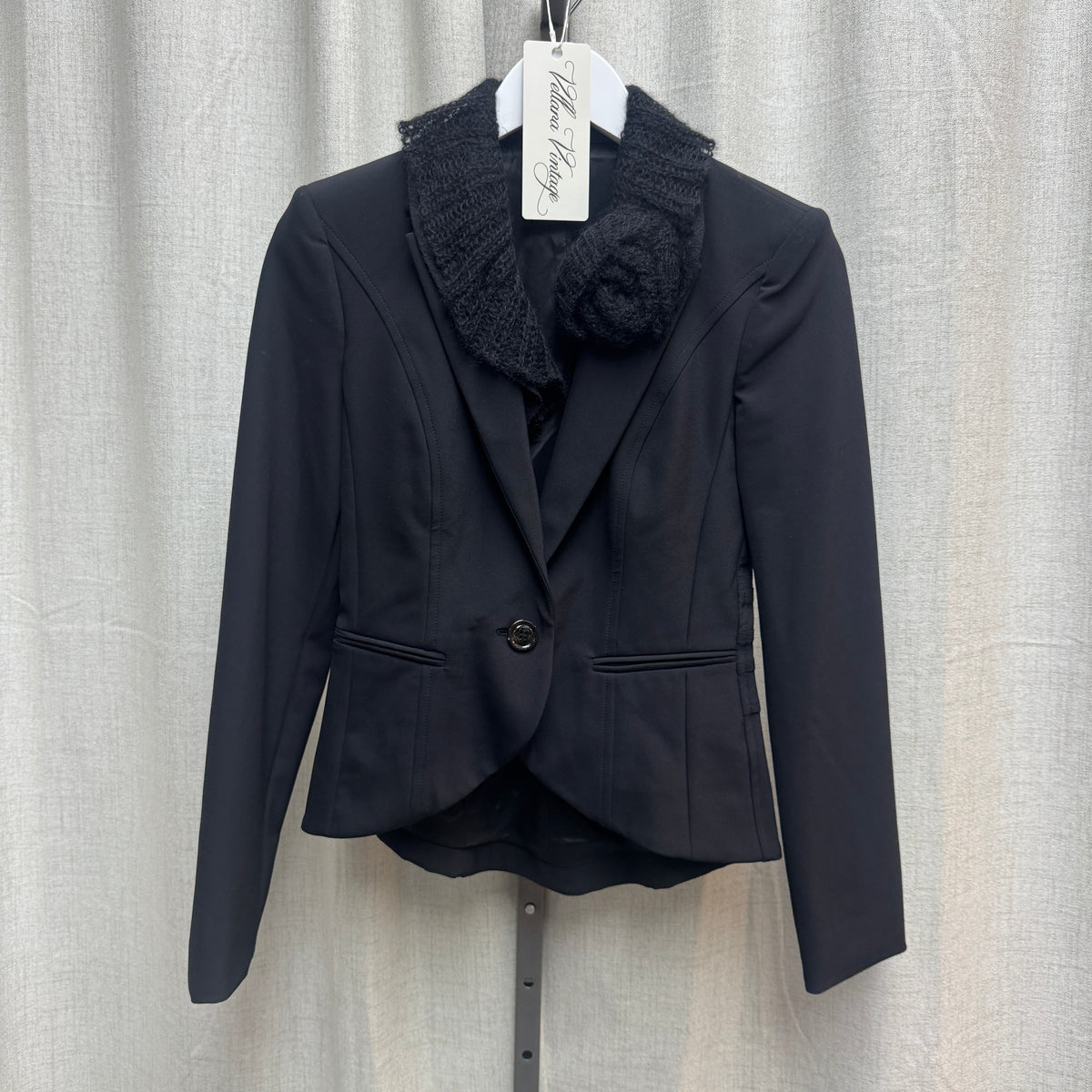 Black Mohair Lined Blazer w/ Floral Appliqué