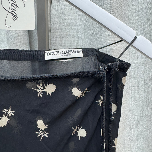 Dolce & Gabbana Semi-Sheer Floral Midi Skirt w/ Black Lace