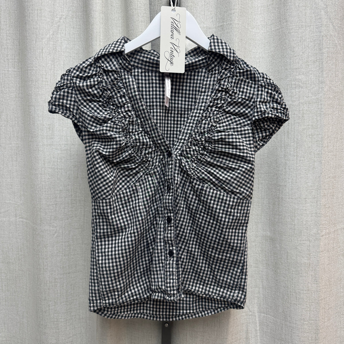 Gingham V-Neck Short Sleeve Blouse