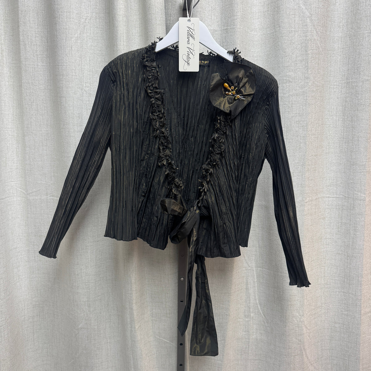 Black Shiny Pleated Tie Blouse w/ Brooch