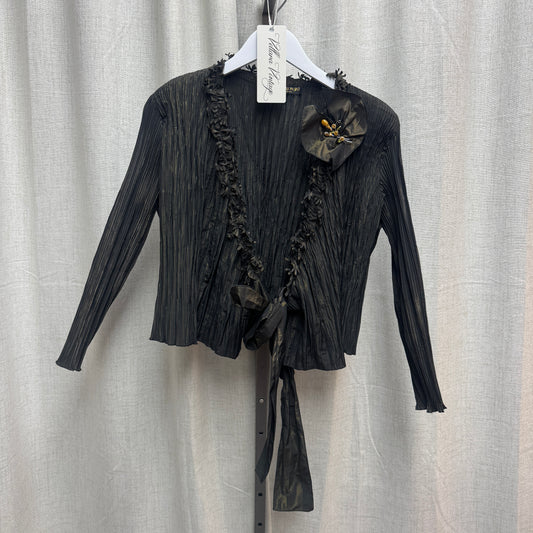 Black Shiny Pleated Tie Blouse w/ Brooch
