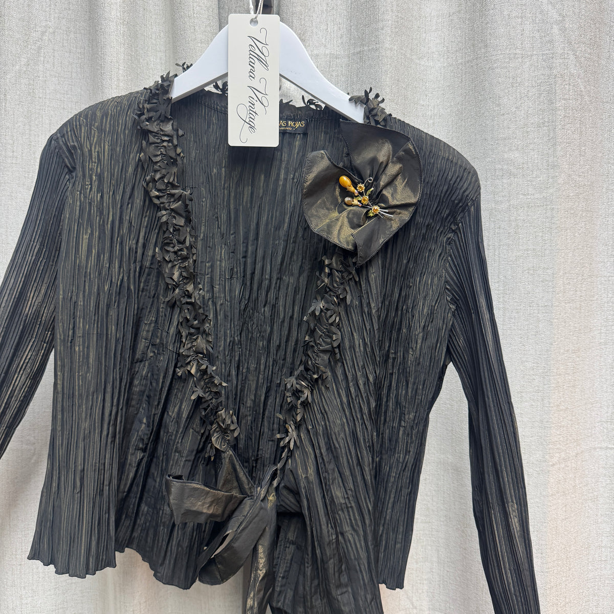 Black Shiny Pleated Tie Blouse w/ Brooch