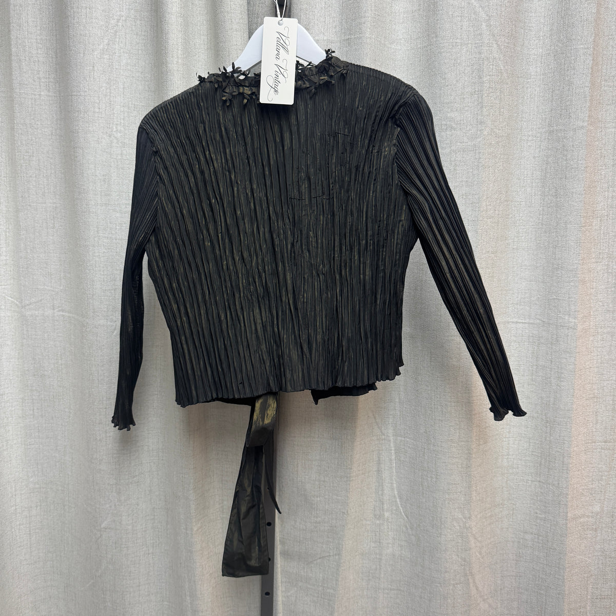 Black Shiny Pleated Tie Blouse w/ Brooch