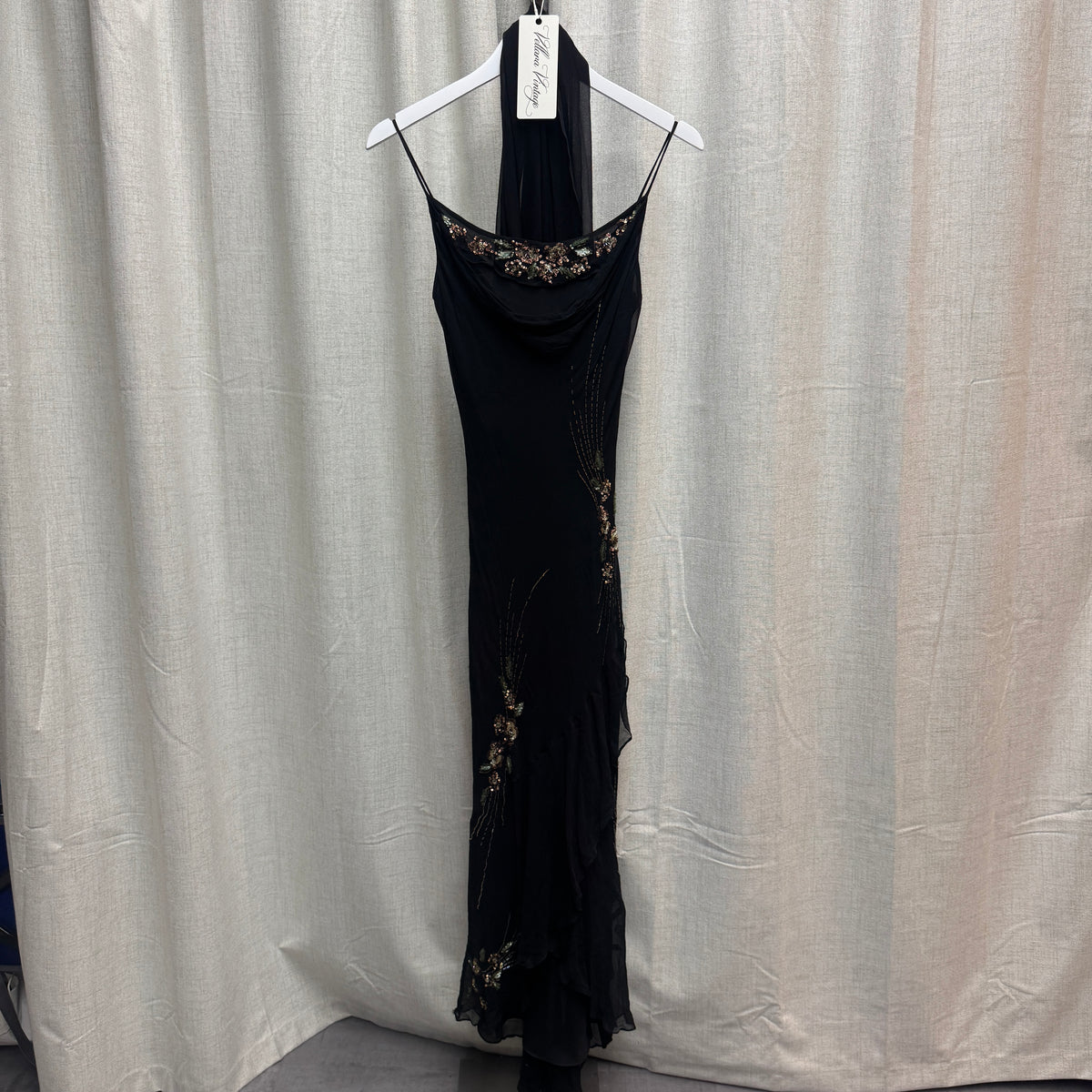 Black Silk Floral Beaded Maxi Dress w/ Scarf