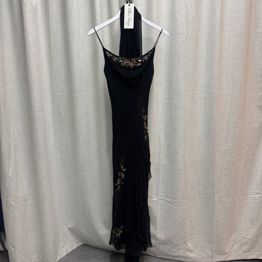 Black Silk Floral Beaded Maxi Dress w/ Scarf