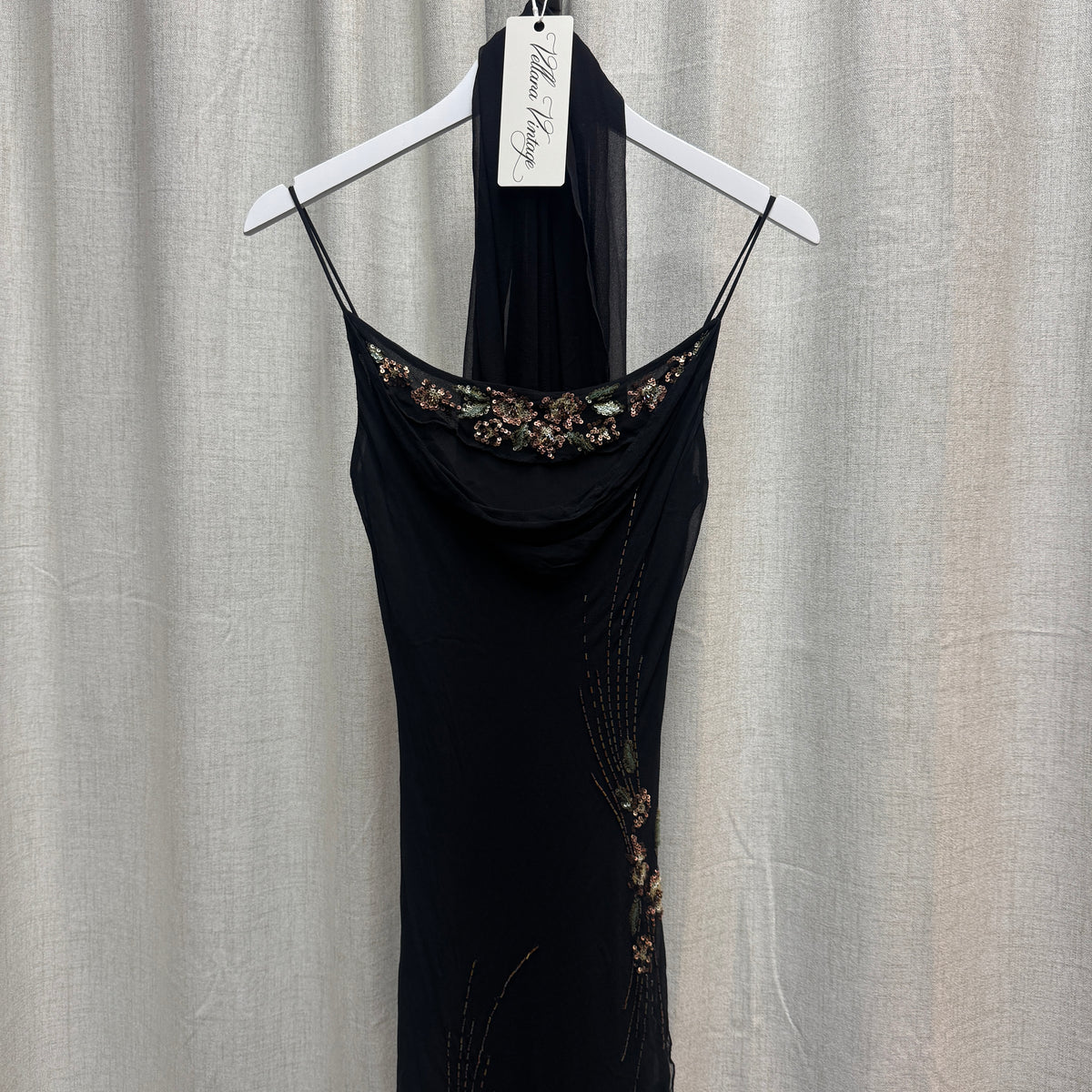 Black Silk Floral Beaded Maxi Dress w/ Scarf