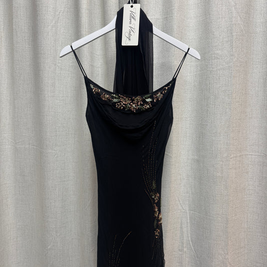 Black Silk Floral Beaded Maxi Dress w/ Scarf