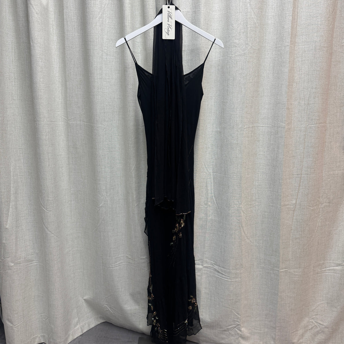 Black Silk Floral Beaded Maxi Dress w/ Scarf