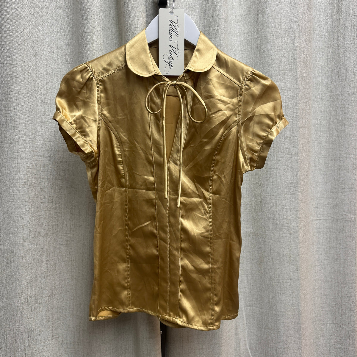Gold Short Sleeve Button-Up Tie-Neck Blouse