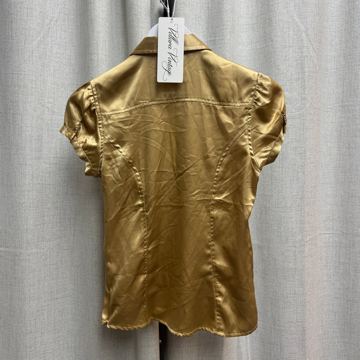 Gold Short Sleeve Button-Up Tie-Neck Blouse