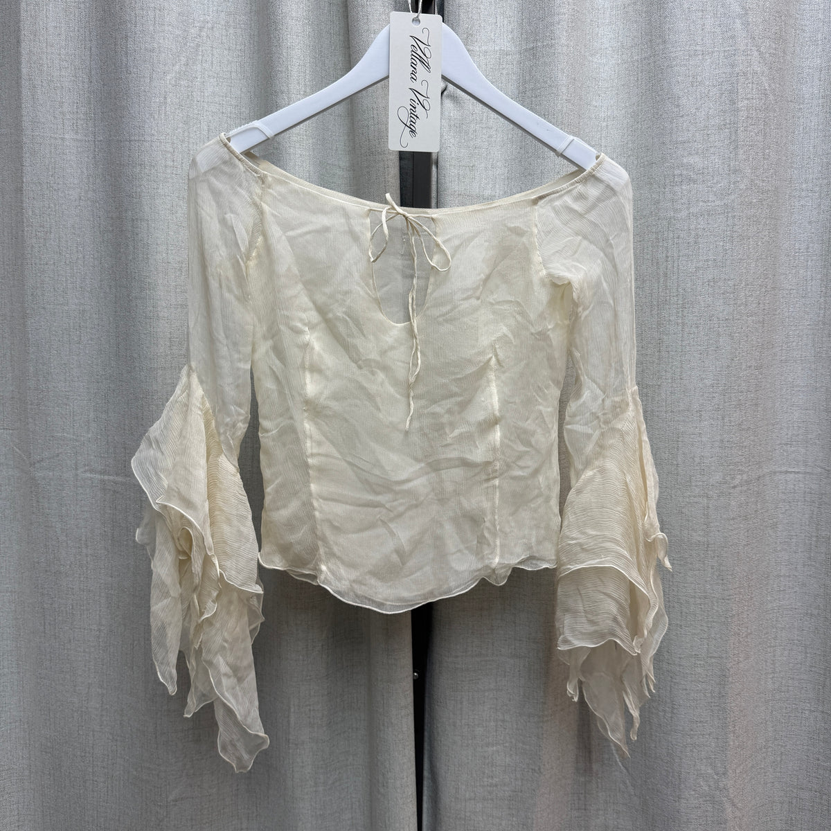 Beige Silk Peasant Blouse w/ Ruffle Sleeves
