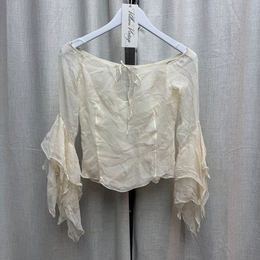Beige Silk Peasant Blouse w/ Ruffle Sleeves