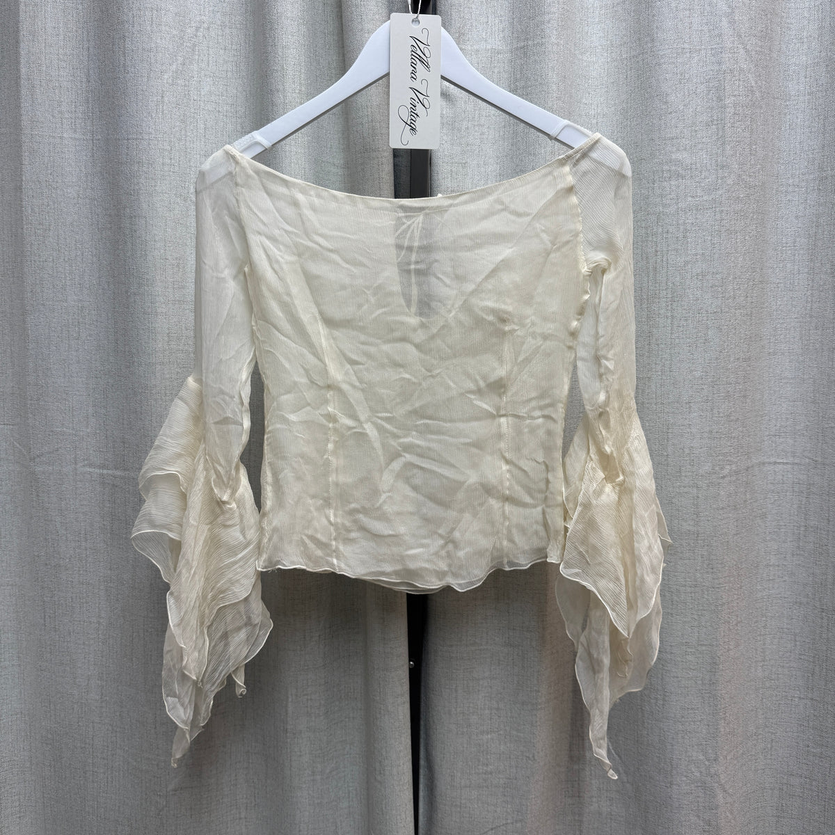 Beige Silk Peasant Blouse w/ Ruffle Sleeves
