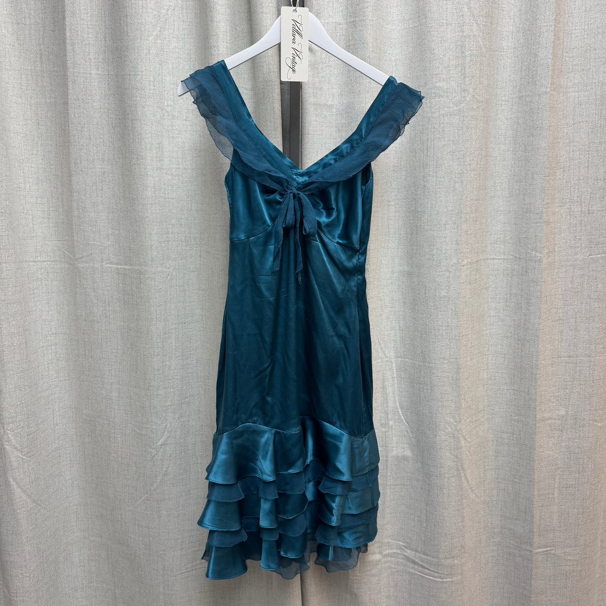 Teal Silk Short Sleeve Layered Ruffle Knee-Length Dress
