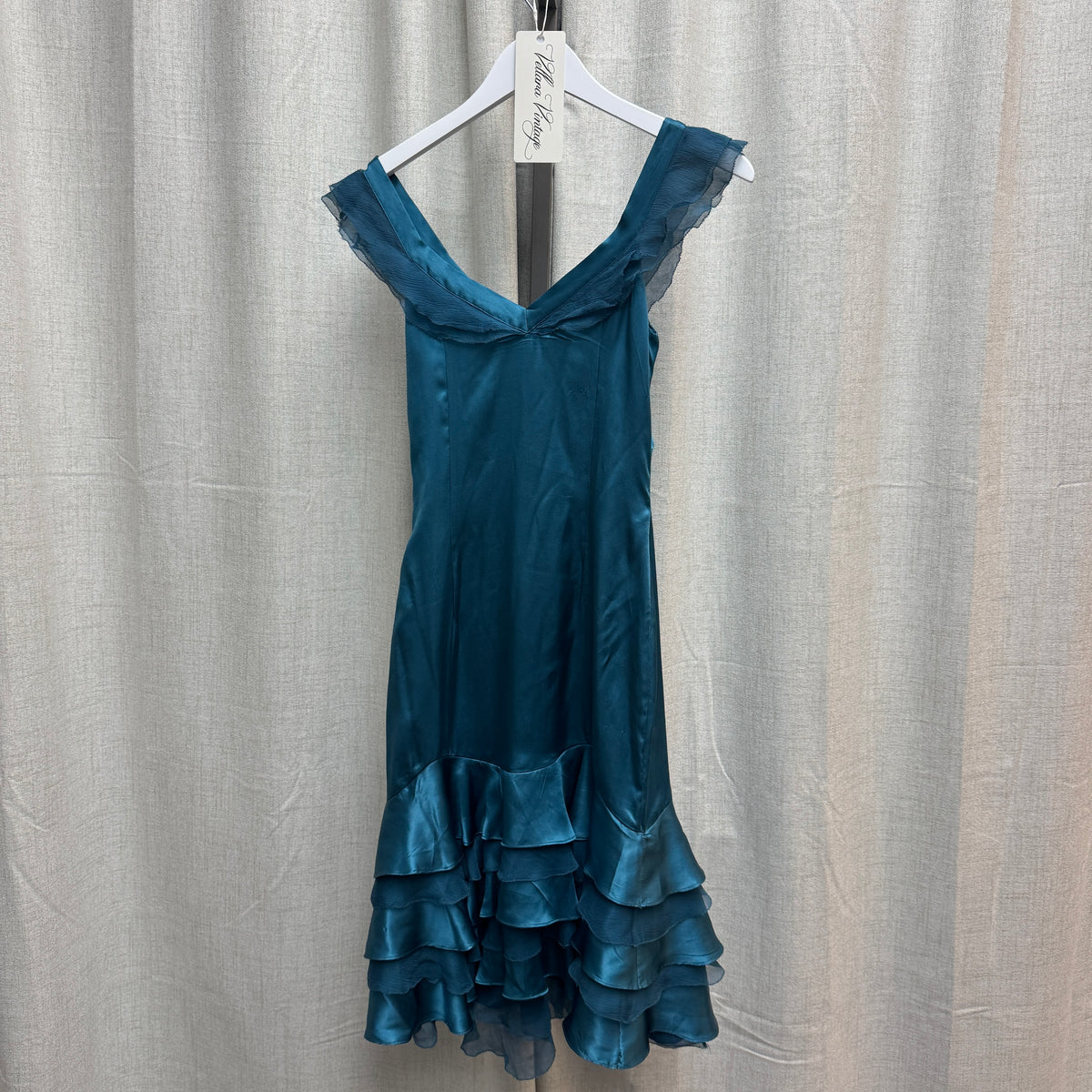 Teal Silk Short Sleeve Layered Ruffle Knee-Length Dress