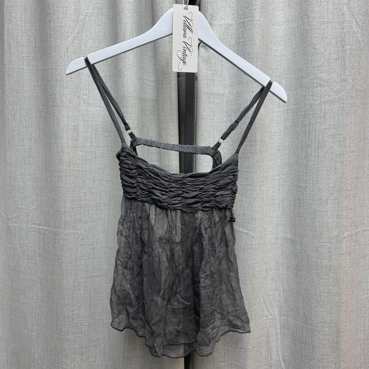 Gray Silk Ruched Babydoll Open Back Tank Top