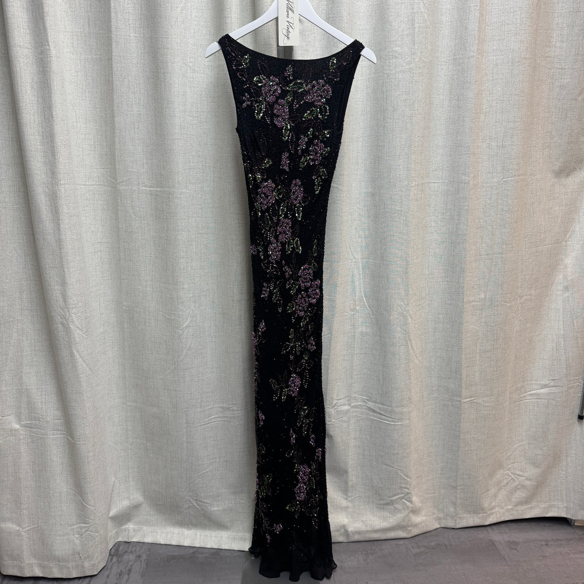 Black Silk Beaded Maxi Dress w/ Purple Floral Design