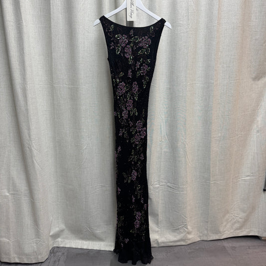 Black Silk Beaded Maxi Dress w/ Purple Floral Design