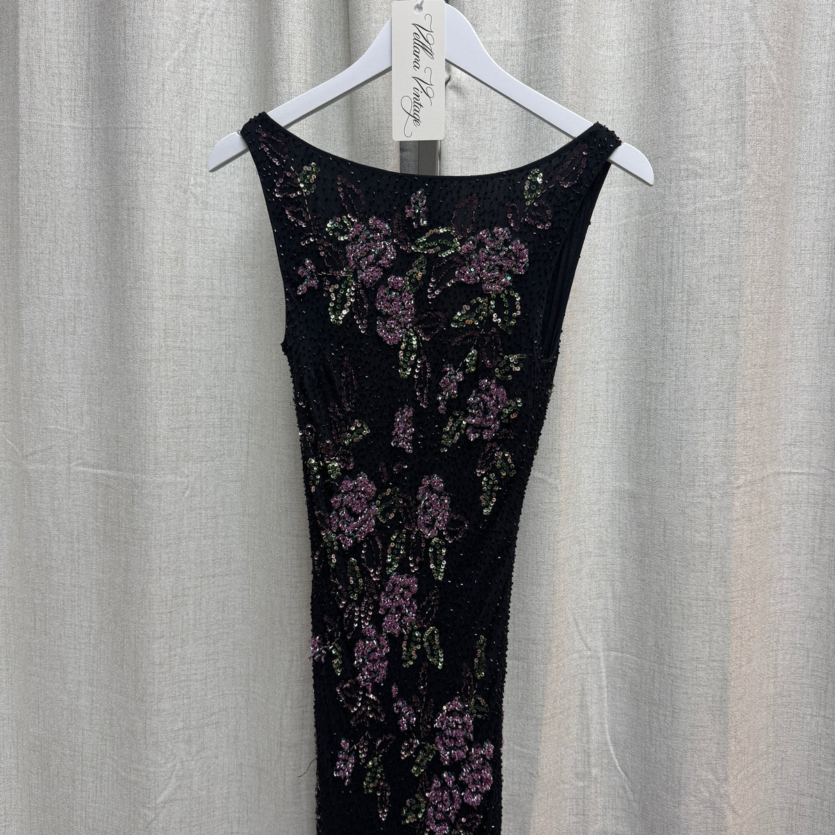 Black Silk Beaded Maxi Dress w/ Purple Floral Design