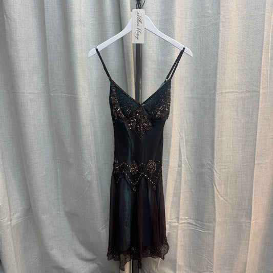 Sheer Blue and Copper Beaded Evening Midi Dress