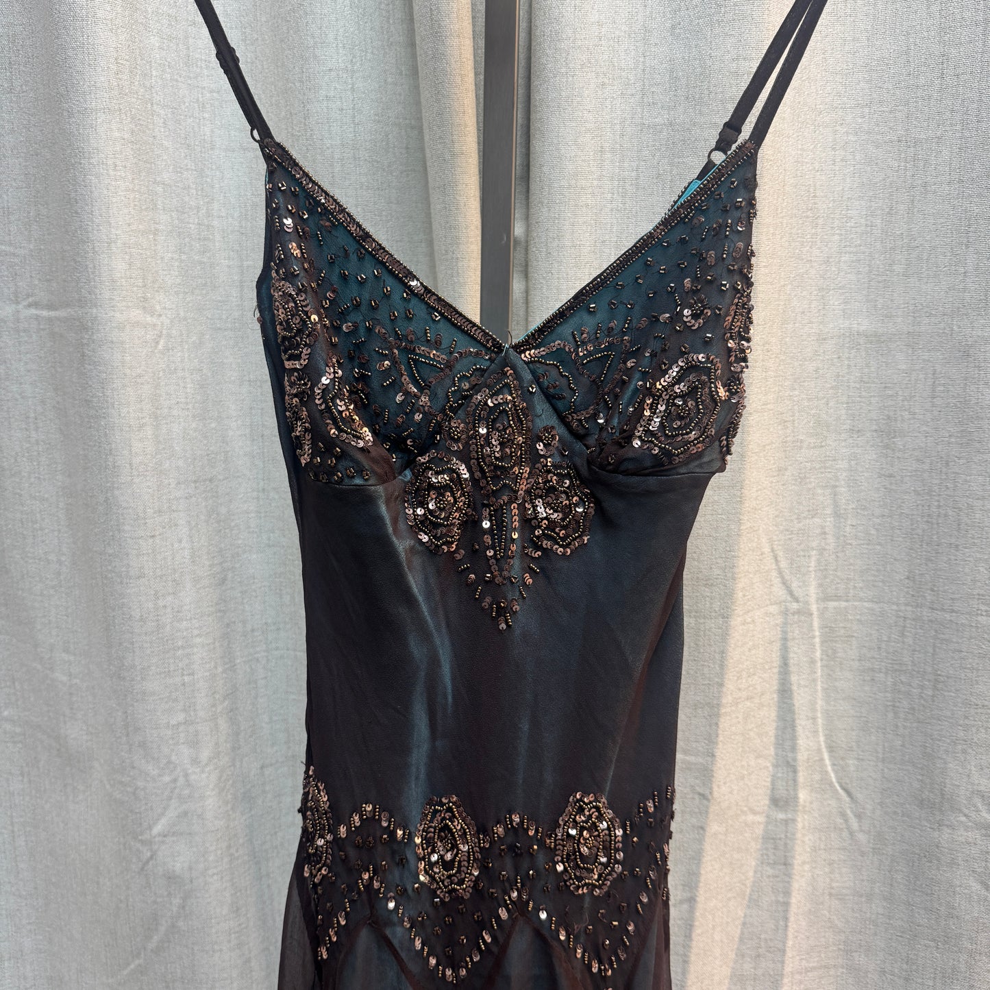 Sheer Blue and Copper Beaded Evening Midi Dress