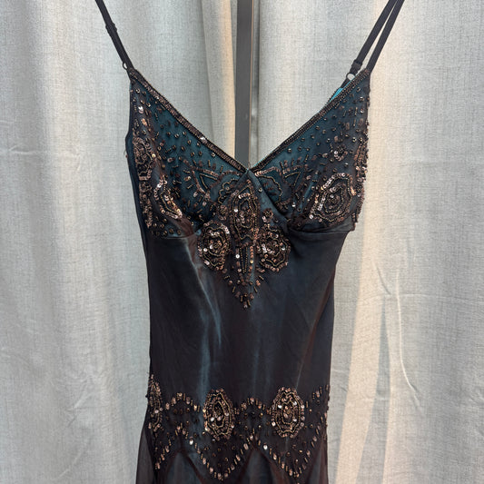 Sheer Blue and Copper Beaded Evening Midi Dress