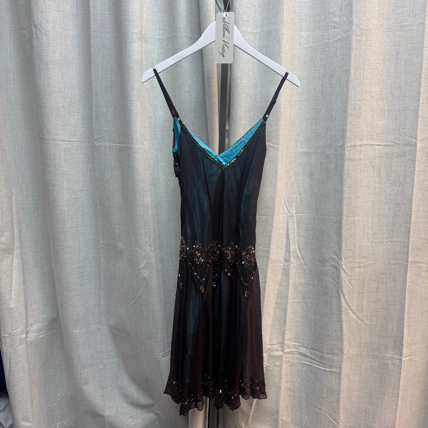 Sheer Blue and Copper Beaded Evening Midi Dress