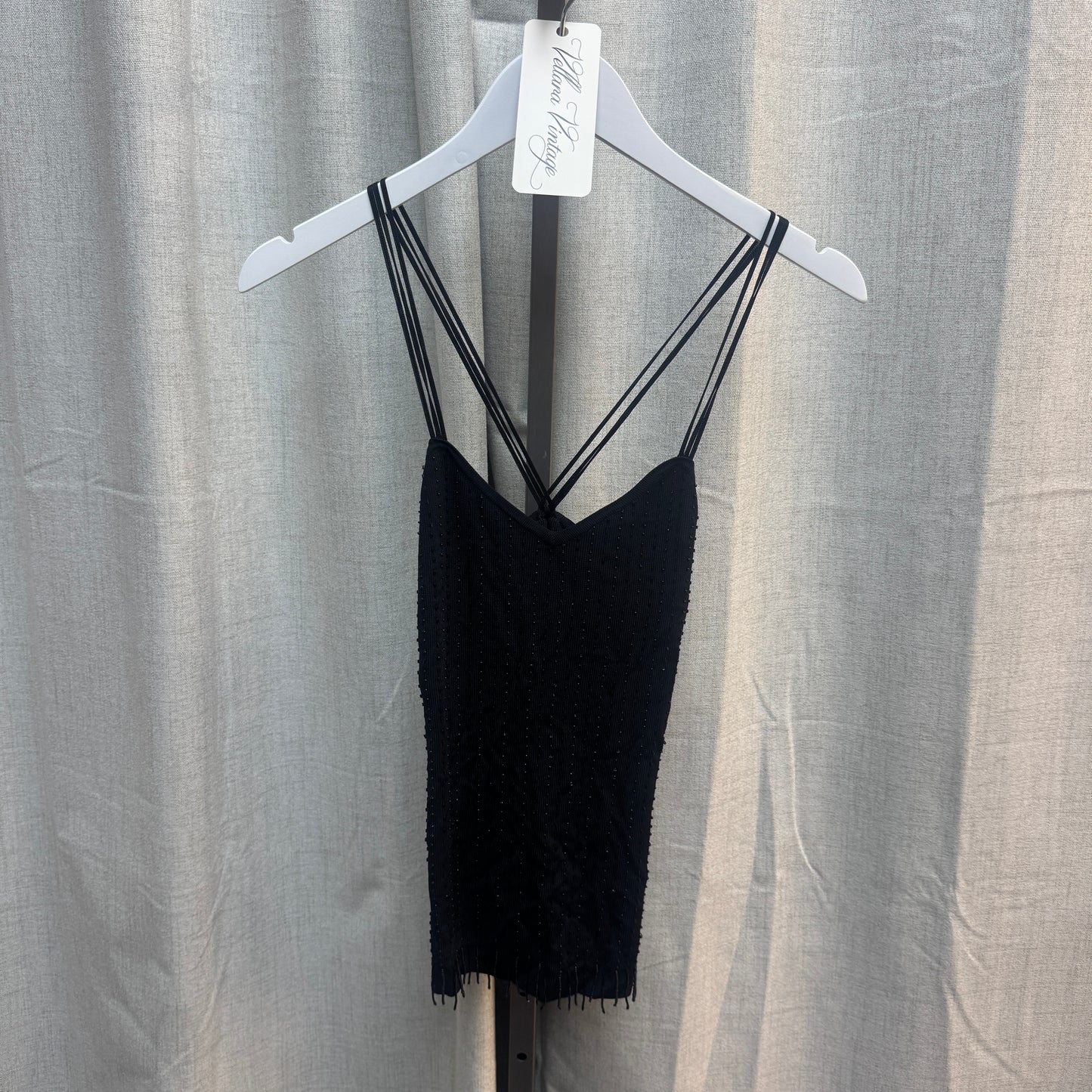 Black Beaded Knit Cross-Back Tank Top