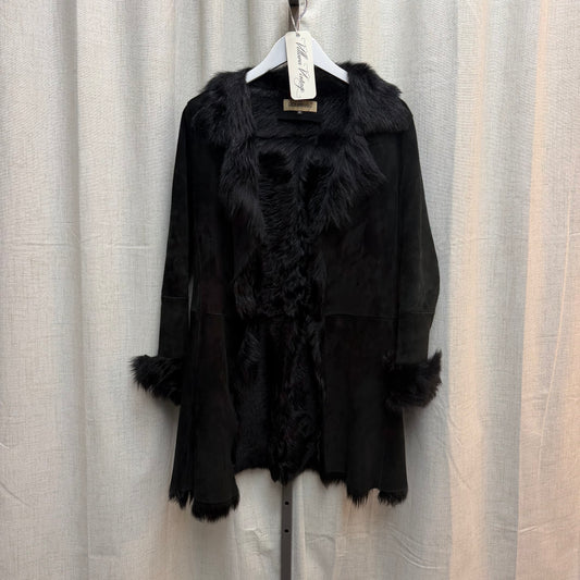 Black Mid Length 100% Goat Leather Fur Lined Coat