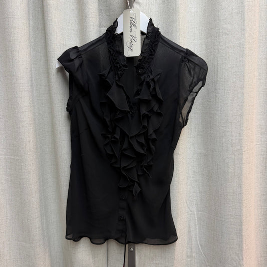 San'ge 100% Silk Black Sheer Ruffled Collar Blouse