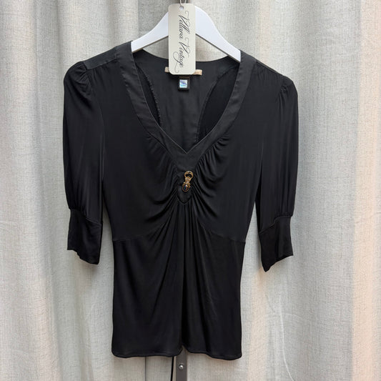 Roberto Cavalli Black V-Neck Puff Sleeve Blouse with Gold Charm