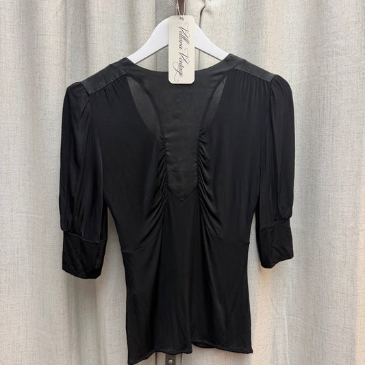 Roberto Cavalli Black V-Neck Puff Sleeve Blouse with Gold Charm