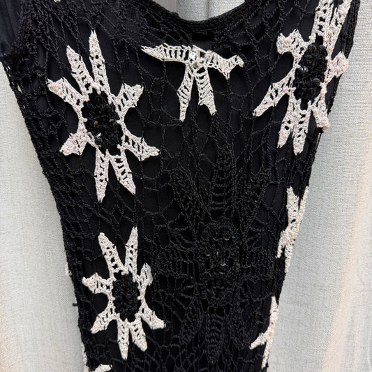 Morgan De Toi Black and White Crochet Overlay Midi Dress