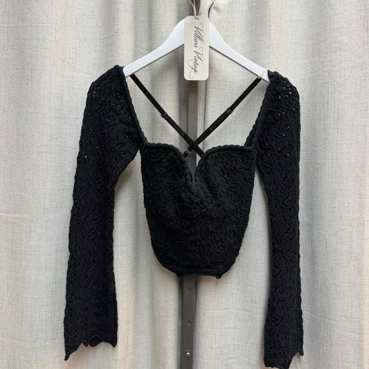 GF Ferre Black Crochet Long Sleeve Corset Top