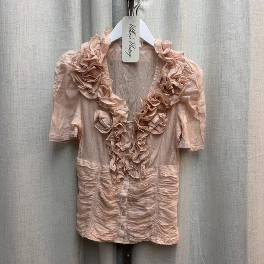 Baby Pink Ruched Button Down Blouse w/ Ruffled Collar
