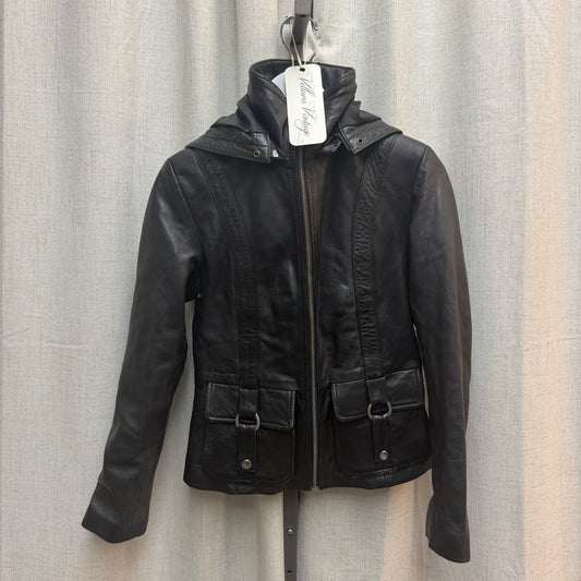 Black Mockneck Leather Jacket with Hood