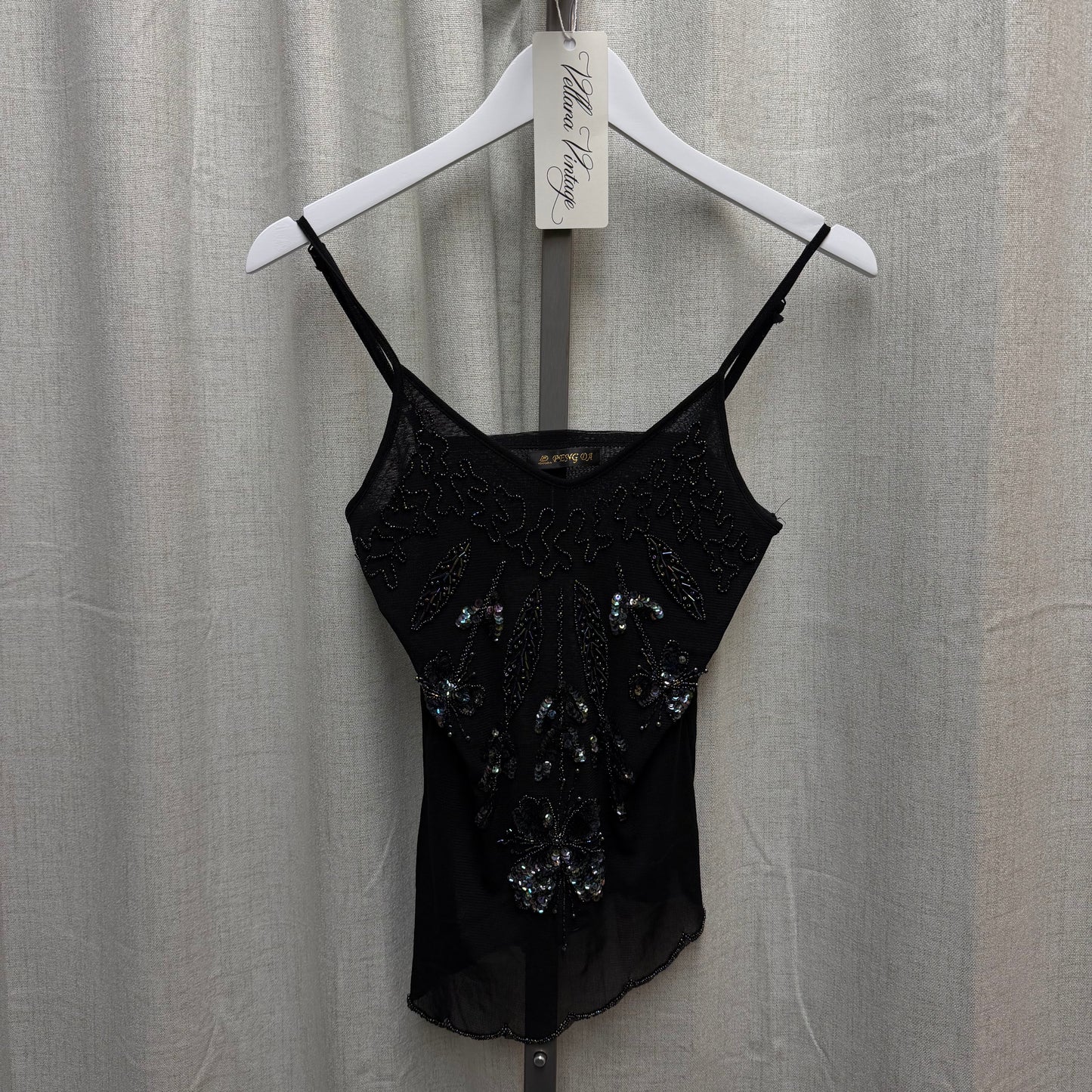 Black Mesh Top with Holographic Beading
