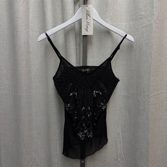 Black Mesh Top with Holographic Beading