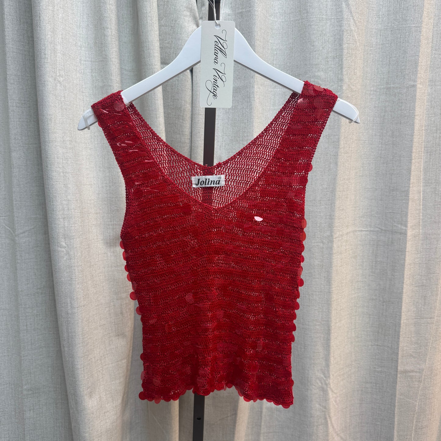 Red Sequin V-Neck Crochet Top