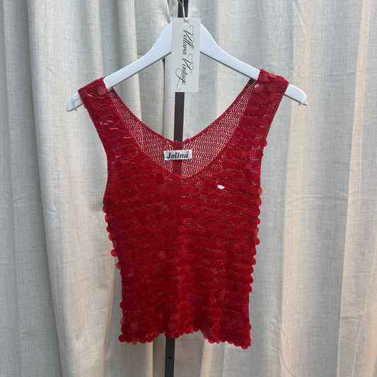 Red Sequin V-Neck Crochet Top