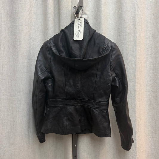 Black Mockneck Leather Jacket with Hood