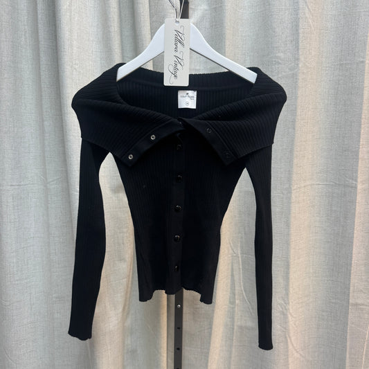 Courrèges Black Rib Knit Fold-Over Collar Cardigan