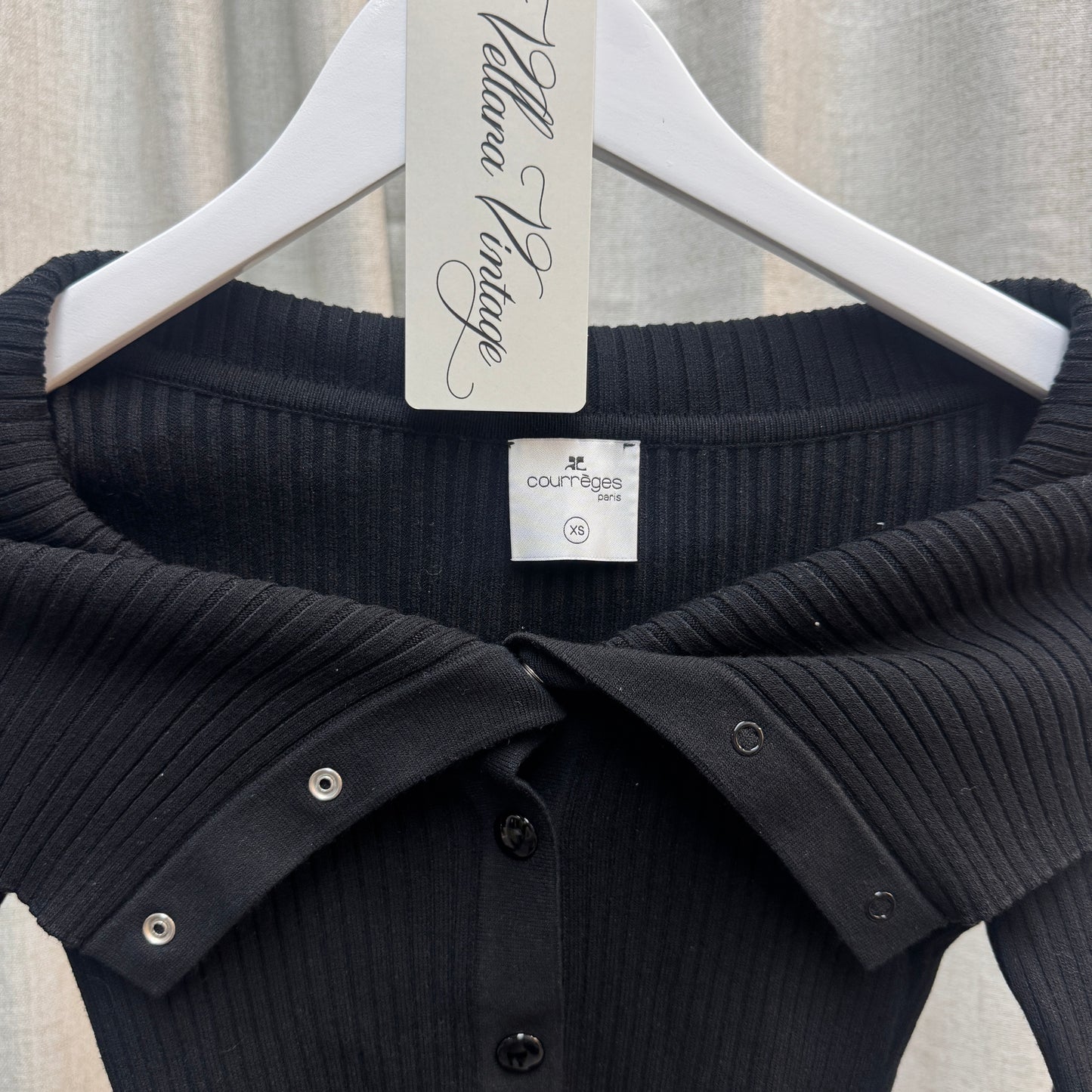 Courrèges Black Rib Knit Fold-Over Collar Cardigan