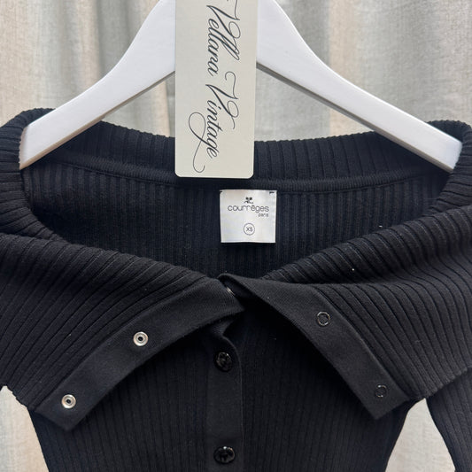 Courrèges Black Rib Knit Fold-Over Collar Cardigan