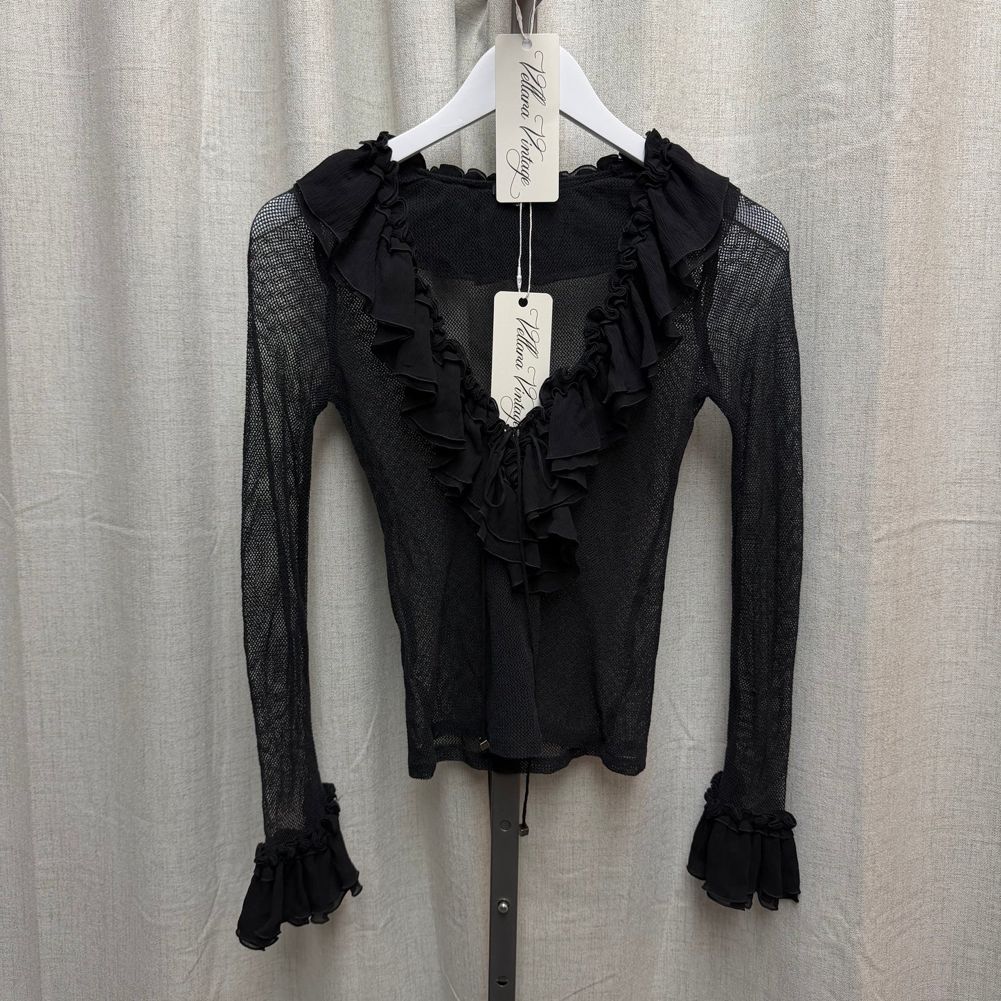 Black Mesh Long Sleeve Top with Ruffled Hems